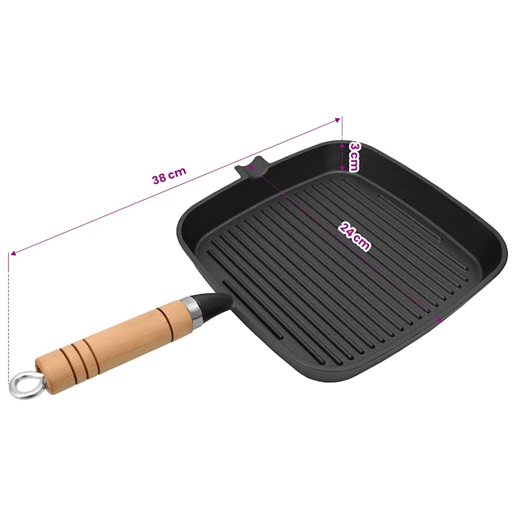 grillpande i støbejern med træhåndtag 20x20 cm