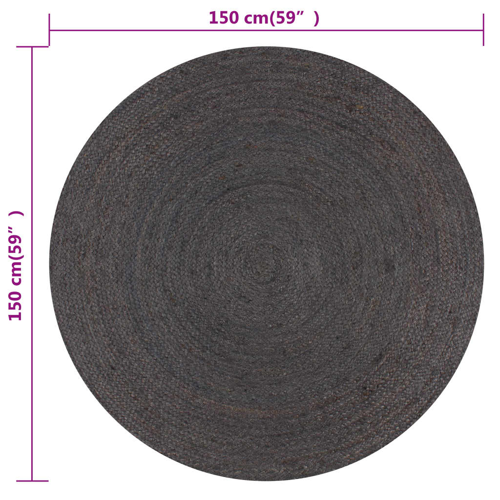 håndlavet tæppe jute rund 150 cm mørkegrå