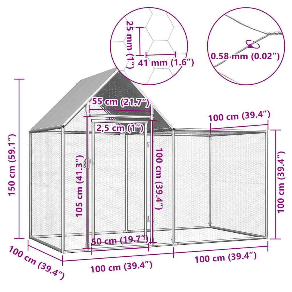hønsegård 2x1x1,5 m galvaniseret stål