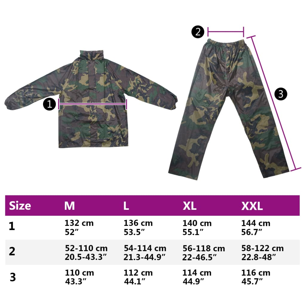 2-delt regnsæt i kamo mønster med hætte til herrer, størrelse XXL