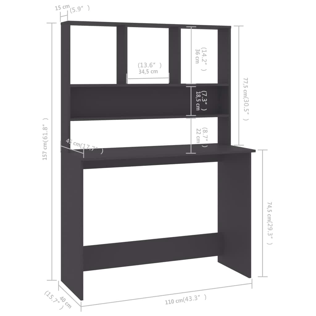 skrivebord m. hylder 110x45x157 cm konstrueret træ grå