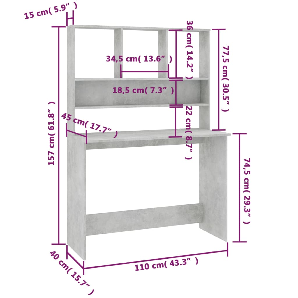 skrivebord m. hylder 110x45x157 cm konstrueret træ betongrå