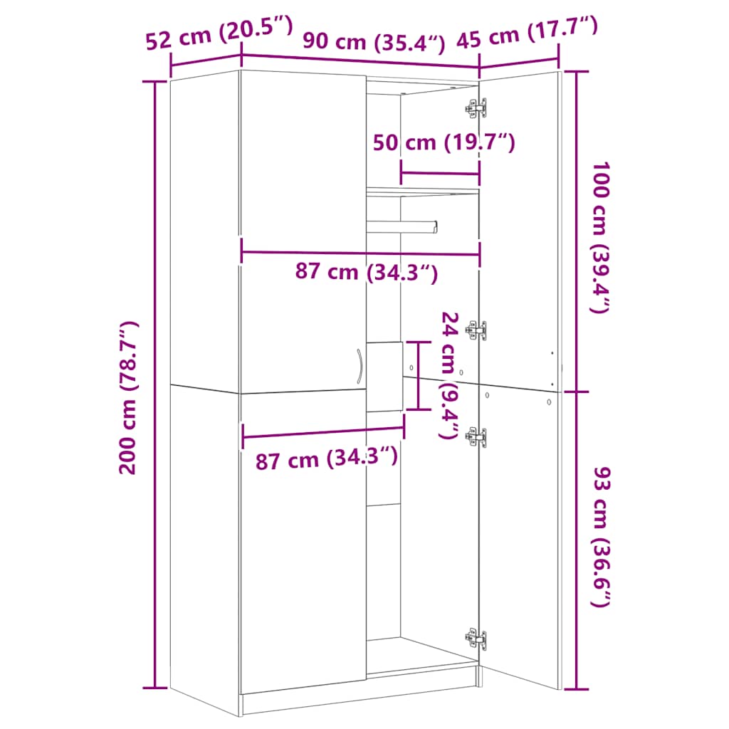 klædeskab 90x52x200 cm konstrueret træ sonoma-eg
