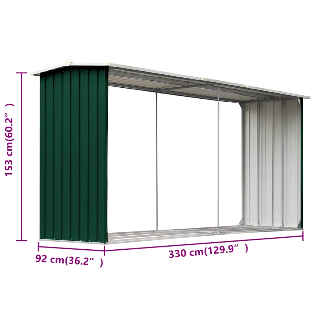 brændeskur til haven 330 x 92 x 153 cm galvaniseret stål grøn
