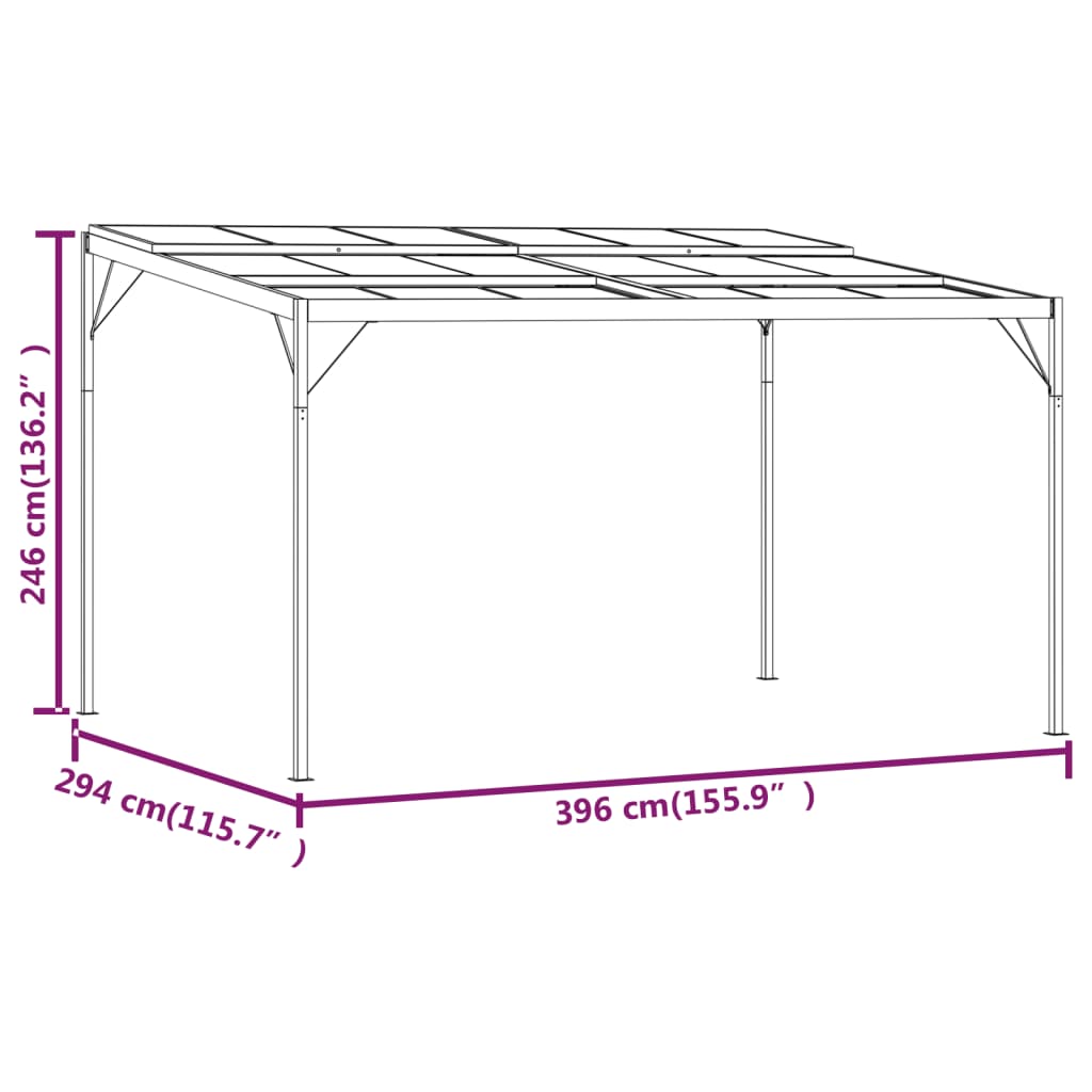 pavillon med tag 4x3x2,5 m aluminium og stål antracitgrå