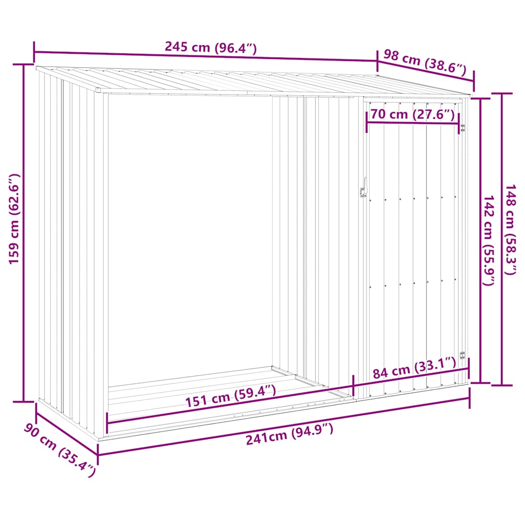 brændeskur 245x98x159 cm galvaniseret stål grå