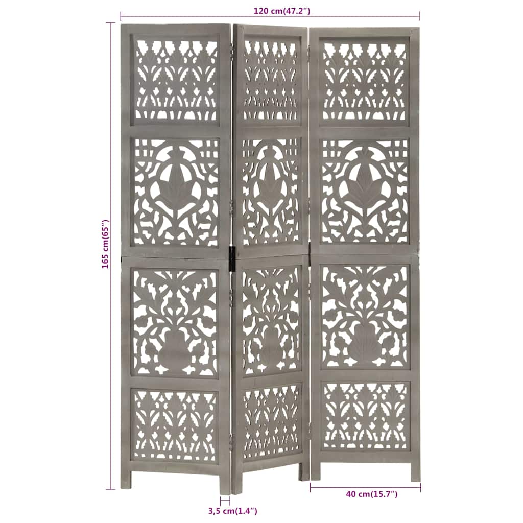 3-panels rumdeler håndskåret 120 x 165 cm massivt mangotræ grå