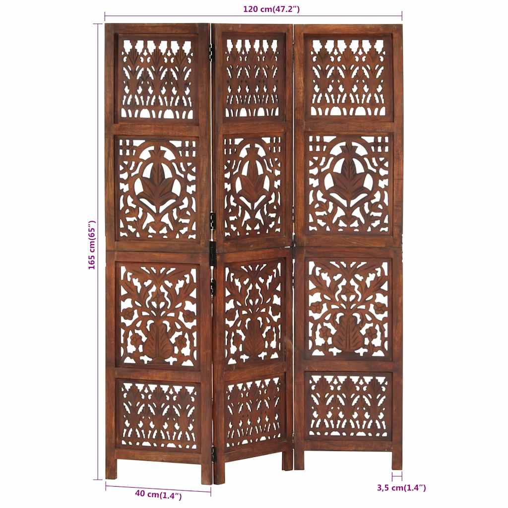 3-panels rumdeler håndskåret 120 x 165 cm massivt mangotræ brun