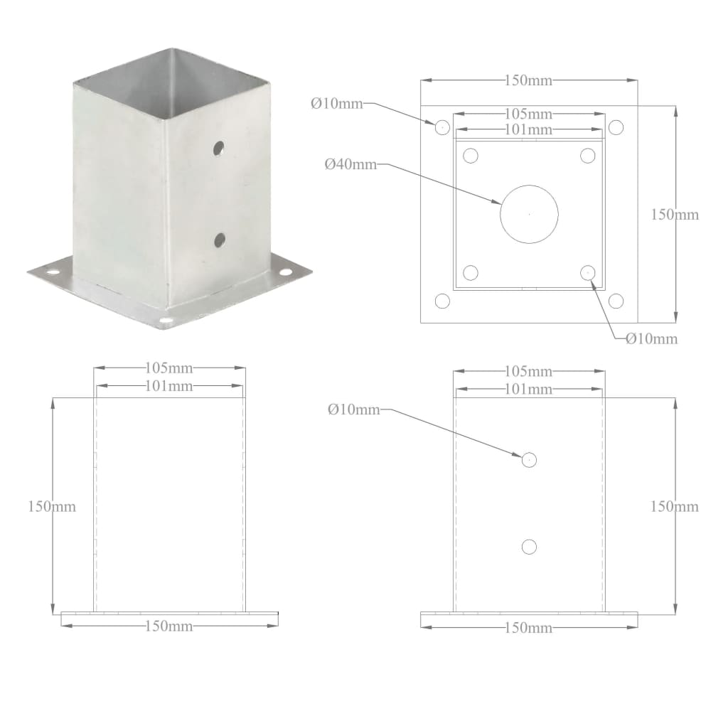 stolpefod 4 stk. 101 mm galvaniseret metal