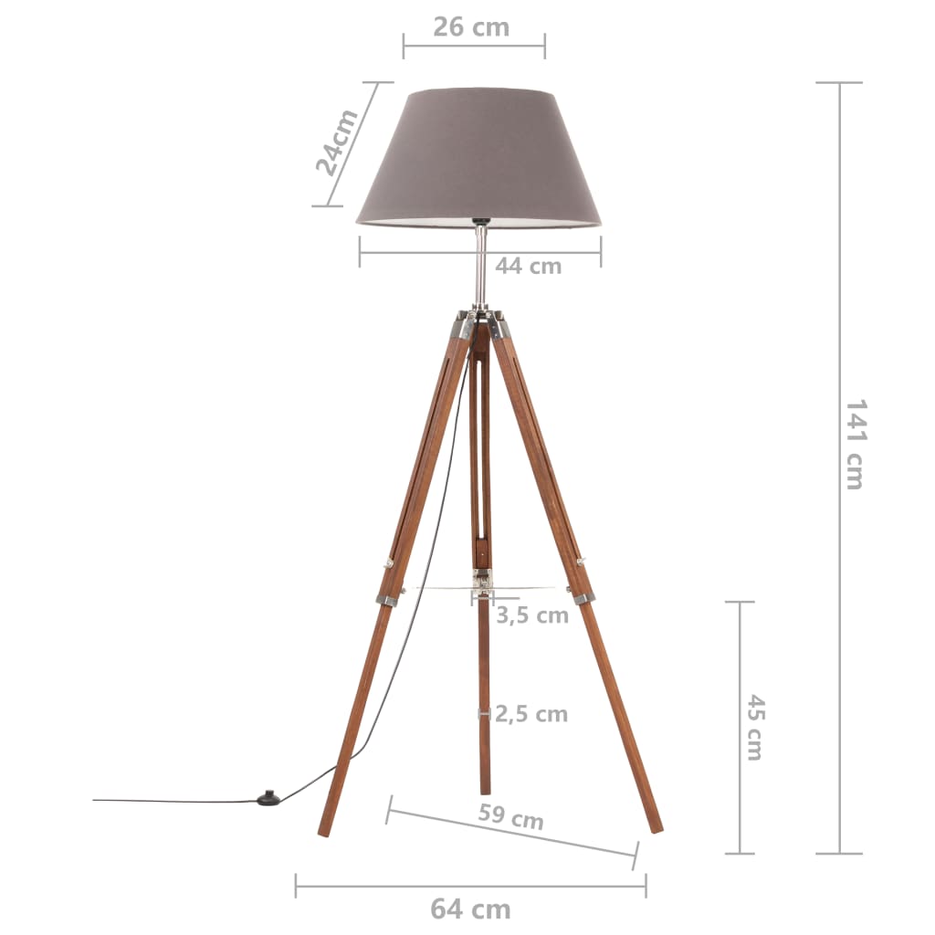 gulvlampe med trefod 141 cm massivt teaktræ honningbrun og grå