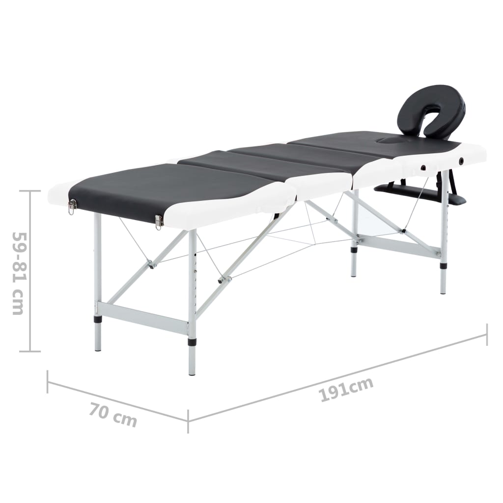 sammenfoldeligt massagebord aluminiumsstel 4 zoner sort og hvid