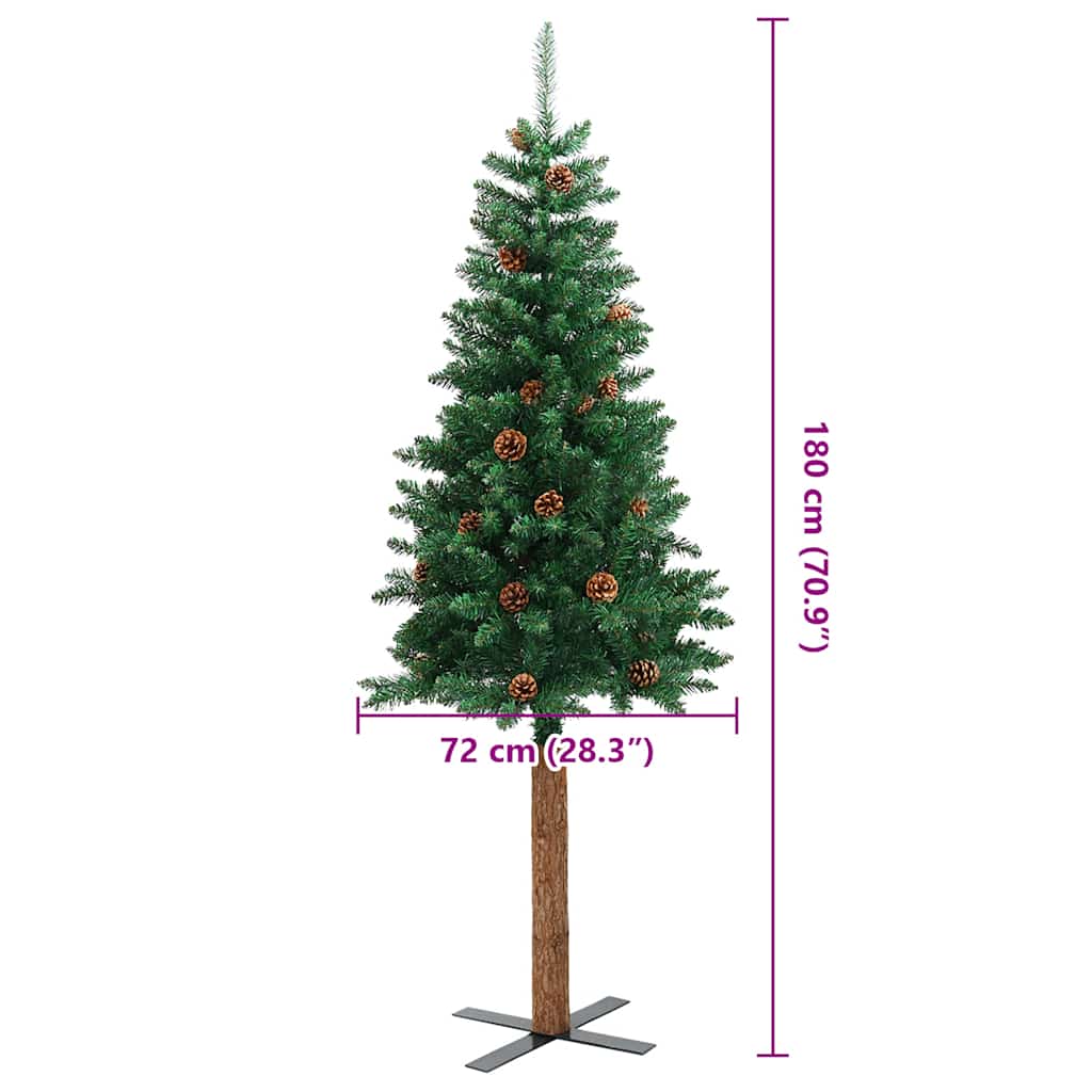 smalt juletræ med ægte træ og grankogler 180 cm PVC grøn