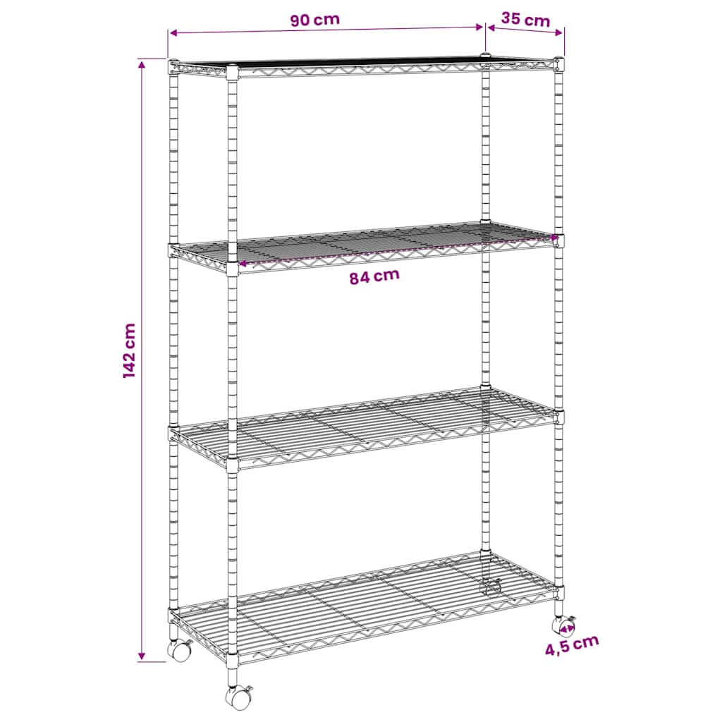 opbevaringsstativ med hjul 90x35x142 cm 200 kg 4 niveauer krom
