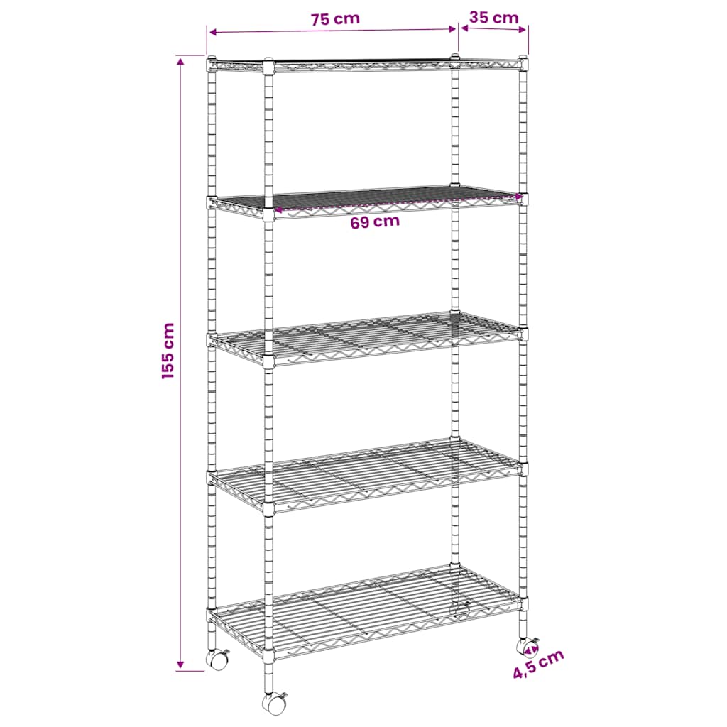 opbevaringsreol med 5 hylder og hjul 75x35x155 cm 250 kg krom