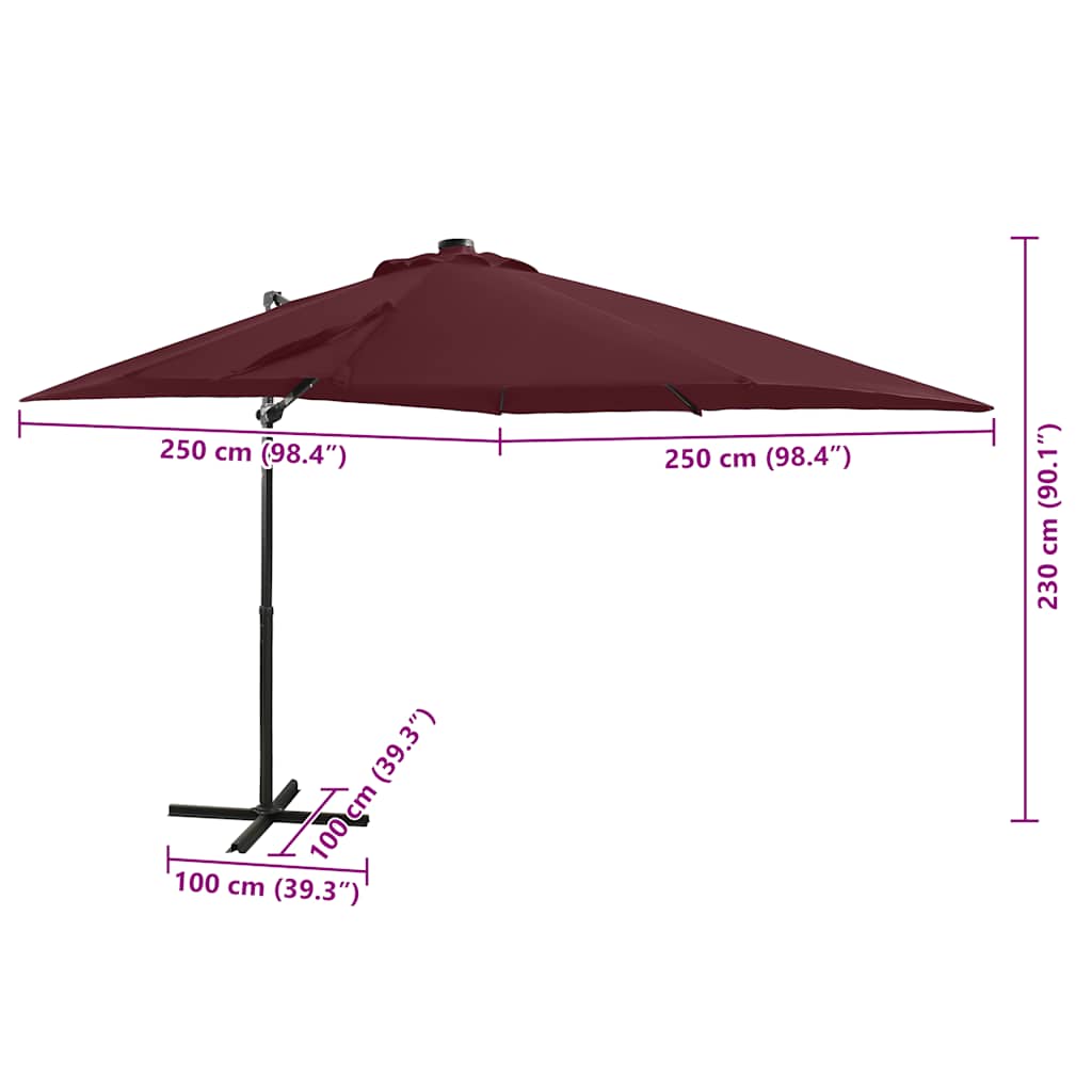 hængeparasol med stang og LED-lys 250 cm bordeauxrød