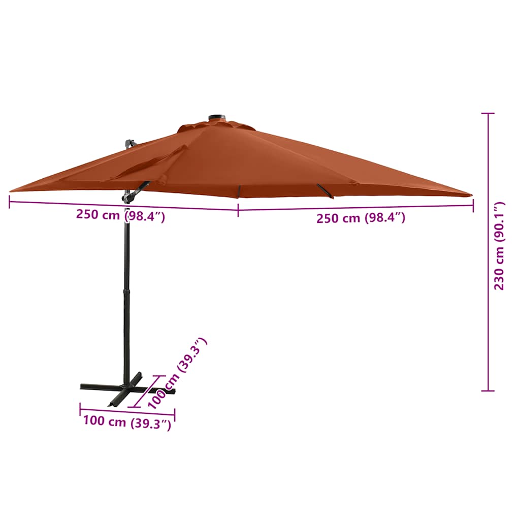 hængeparasol med stang og LED-lys 250 cm terrakotta