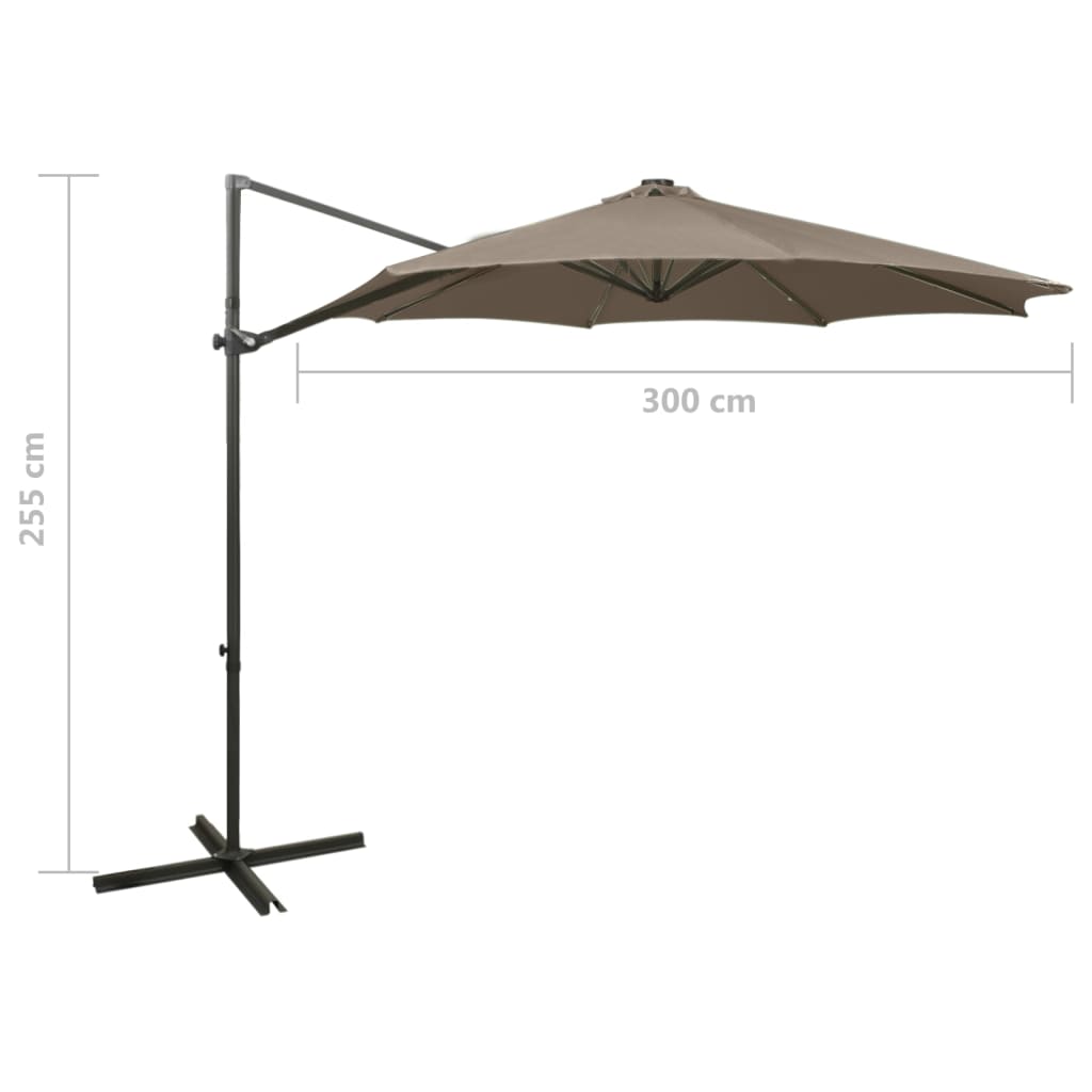 hængeparasol med stang og LED-lys 300 cm gråbrun