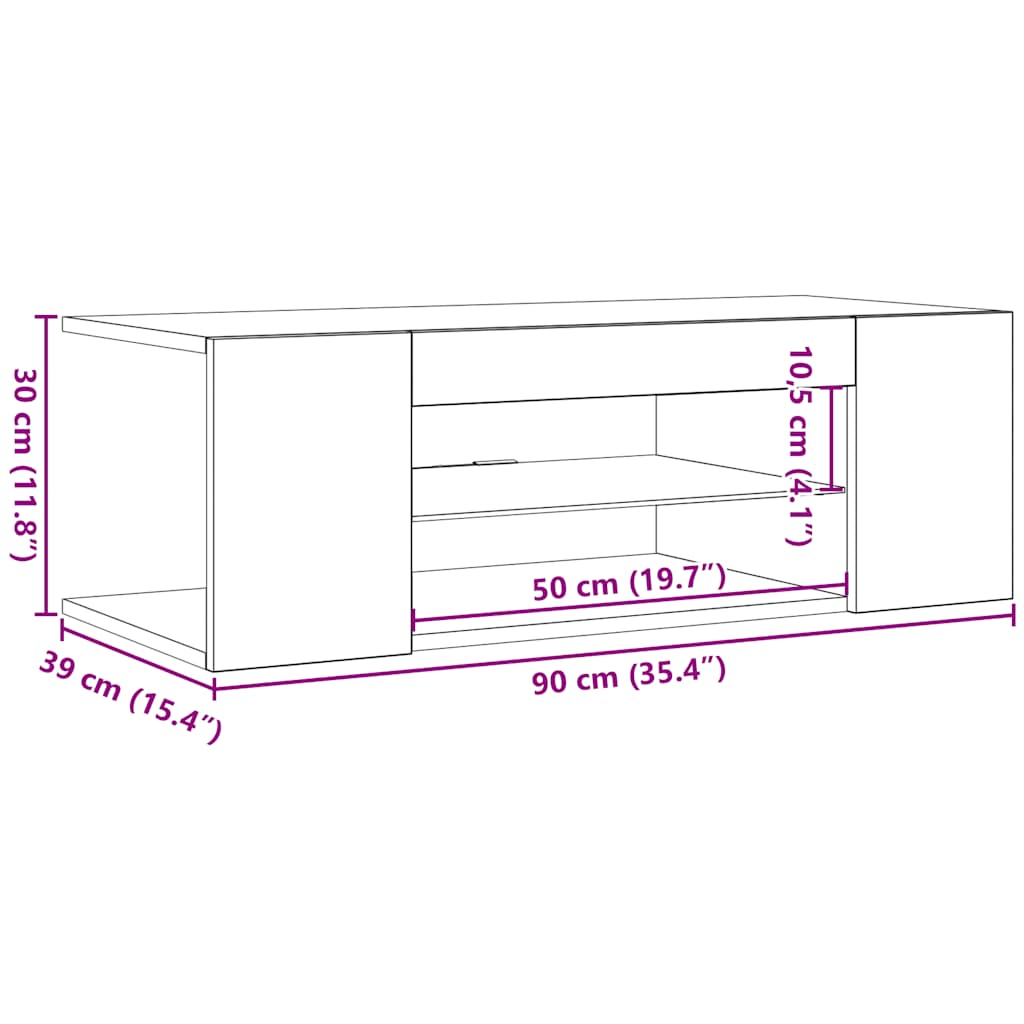 tv-bord med LED-lys 90x39x30 cm betongrå
