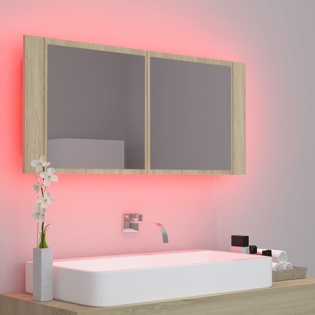 badeværelsesskab m. spejl og LED-lys 100x12x45 akryl sonoma-eg