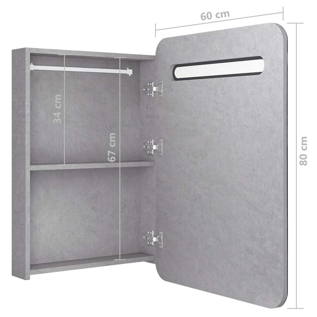 badeværelsesskab med spejl + LED-lys 60x11x80 cm betongrå