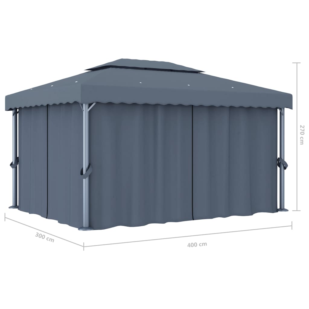 pavillon med gardin og LED-lyskæder 4x3 m antracitgrå
