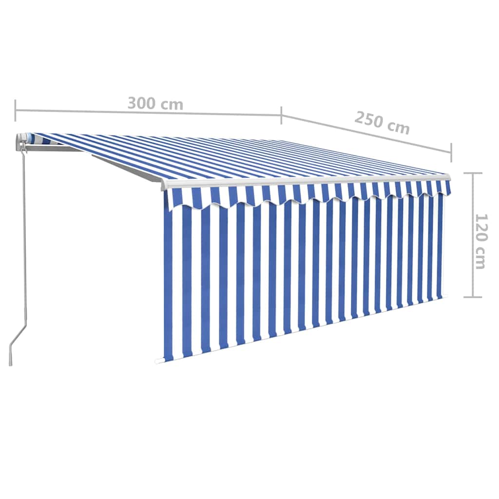 markise m. gardin + LED 3x2,5 m manuel betjening blå og hvid