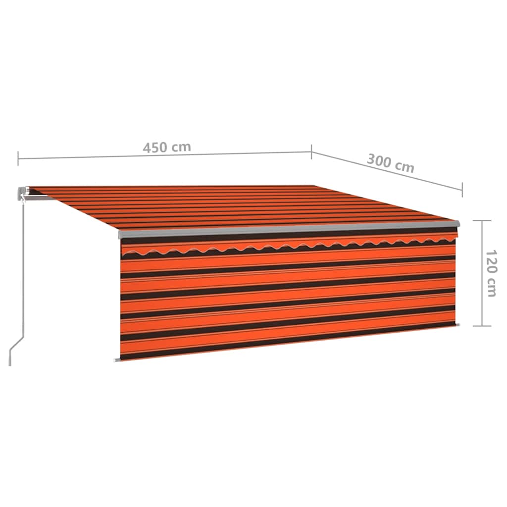 markise m. gardin + LED 4,5x3 m manuel betjening orange og brun