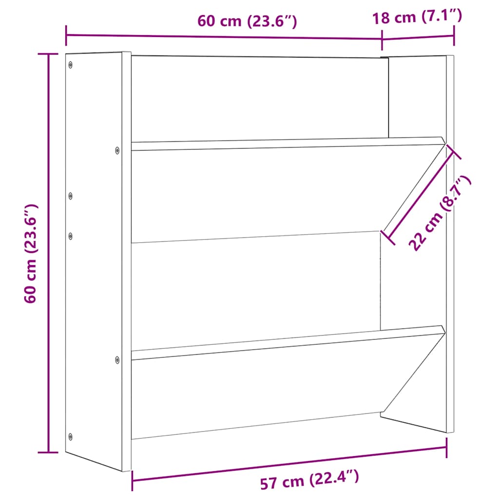 væghængt skoskab 2 stk. 60x18x60 cm konstrueret træ sonoma-eg