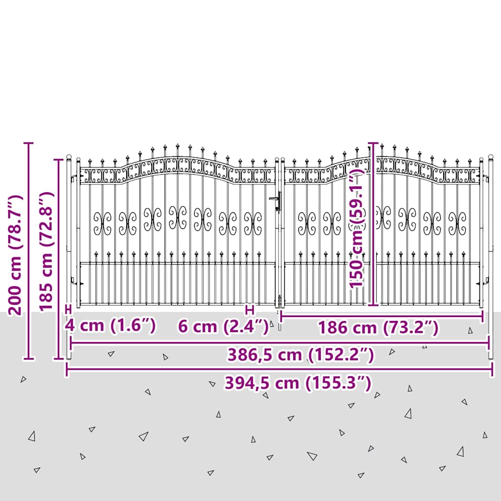 hegnslåge KAMPEN med spydtop sort 394,5x150 cm stål