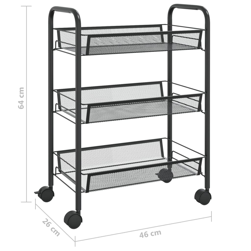køkkenvogn med 3 hylder 46x26x64 cm jern sort