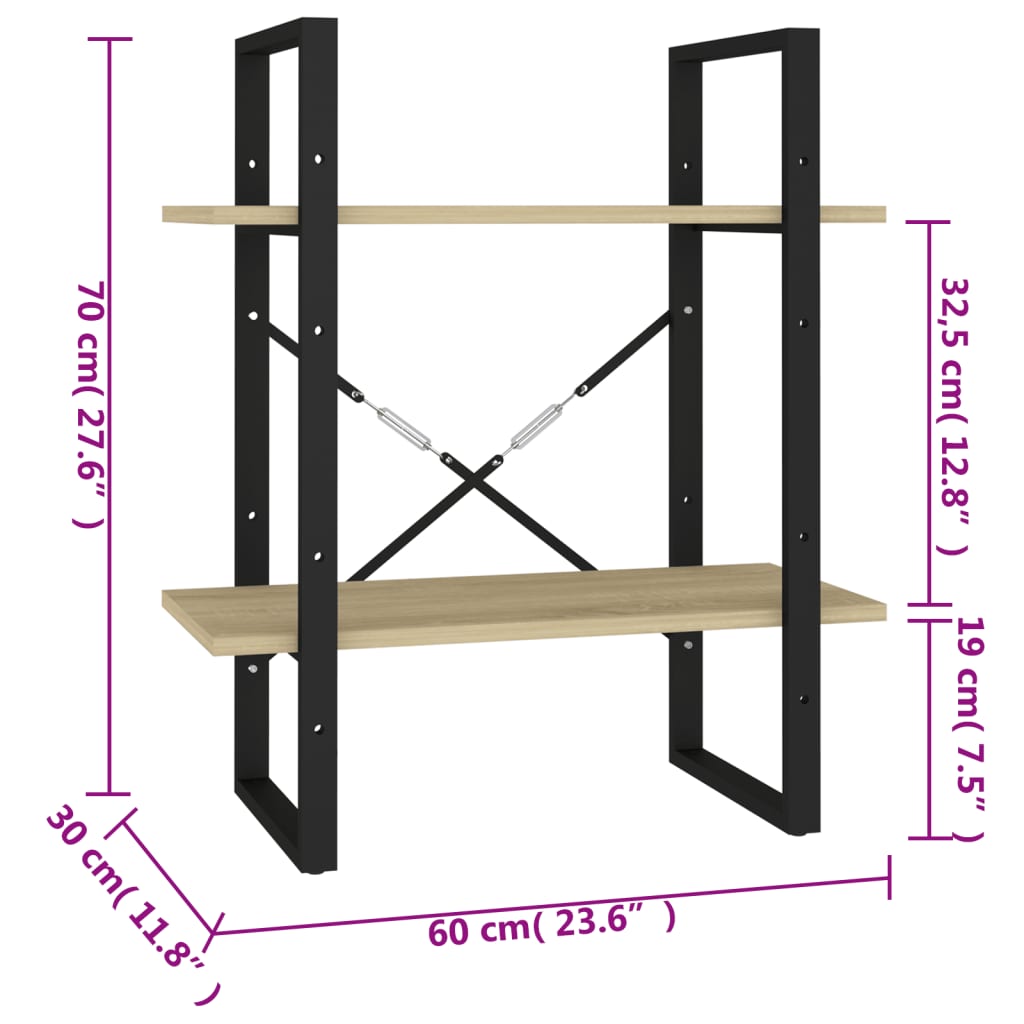 bogreol med 2 hylder 60x30x70 cm konstrueret træ sonoma-eg