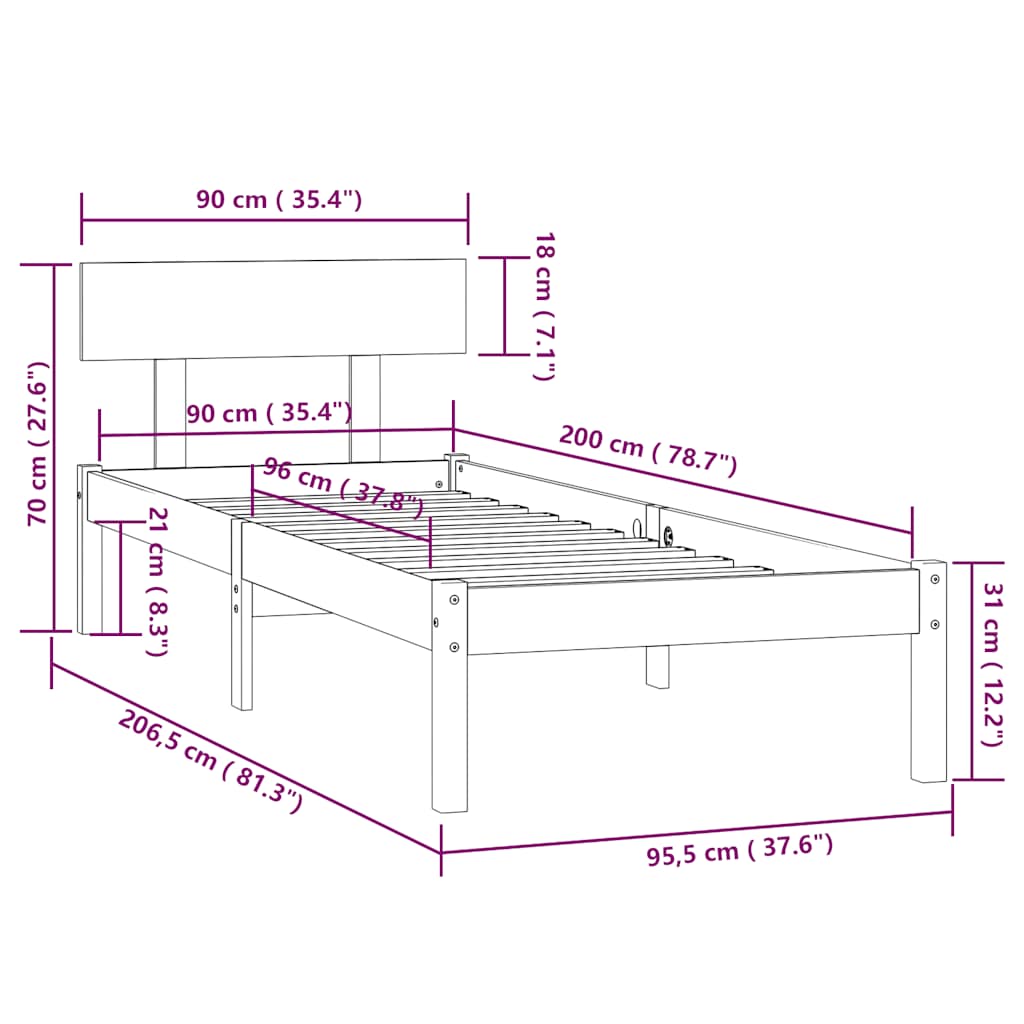 sengeramme 90x200 cm massivt fyrretræ