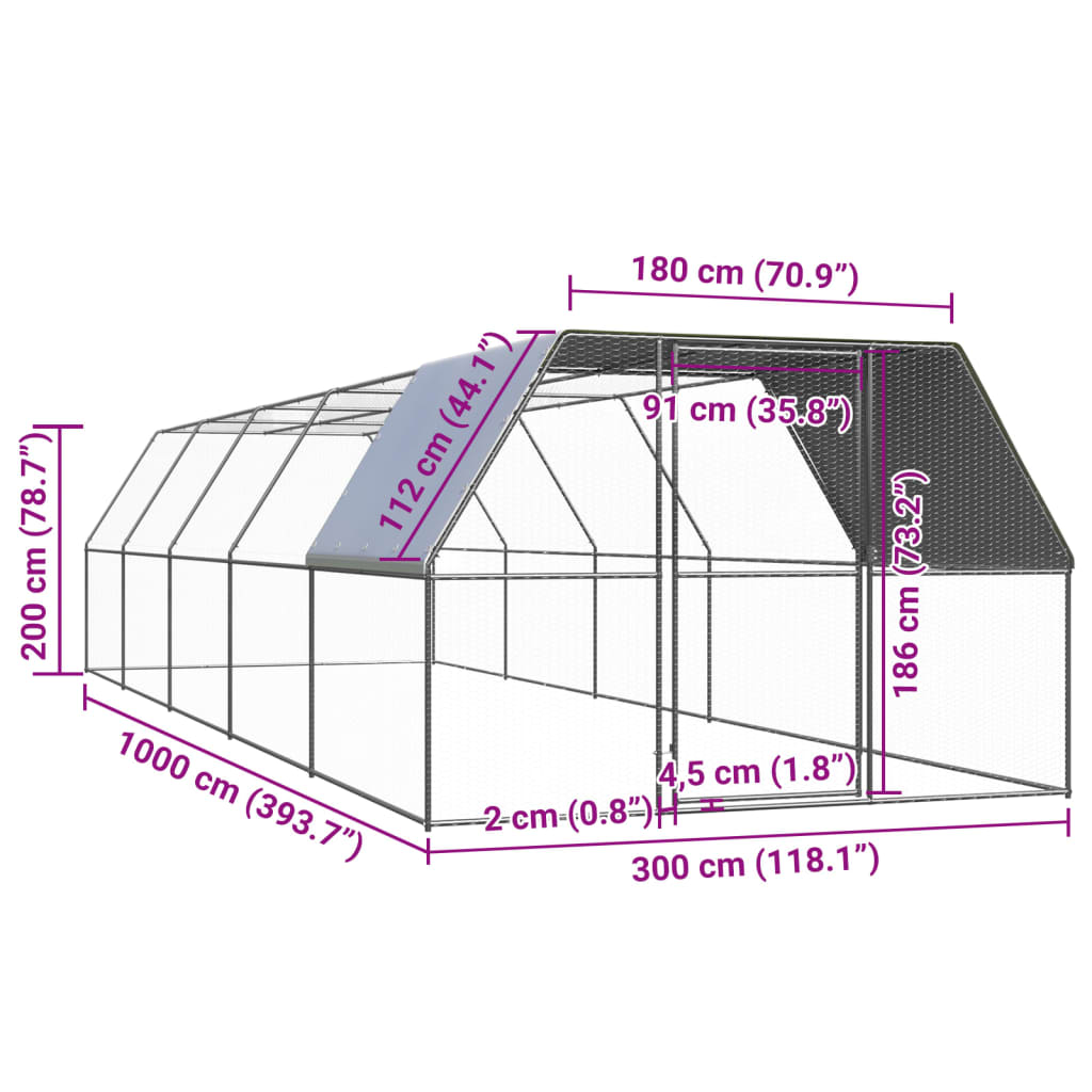 udendørs hønsegård 3x10x2 m galvaniseret stål