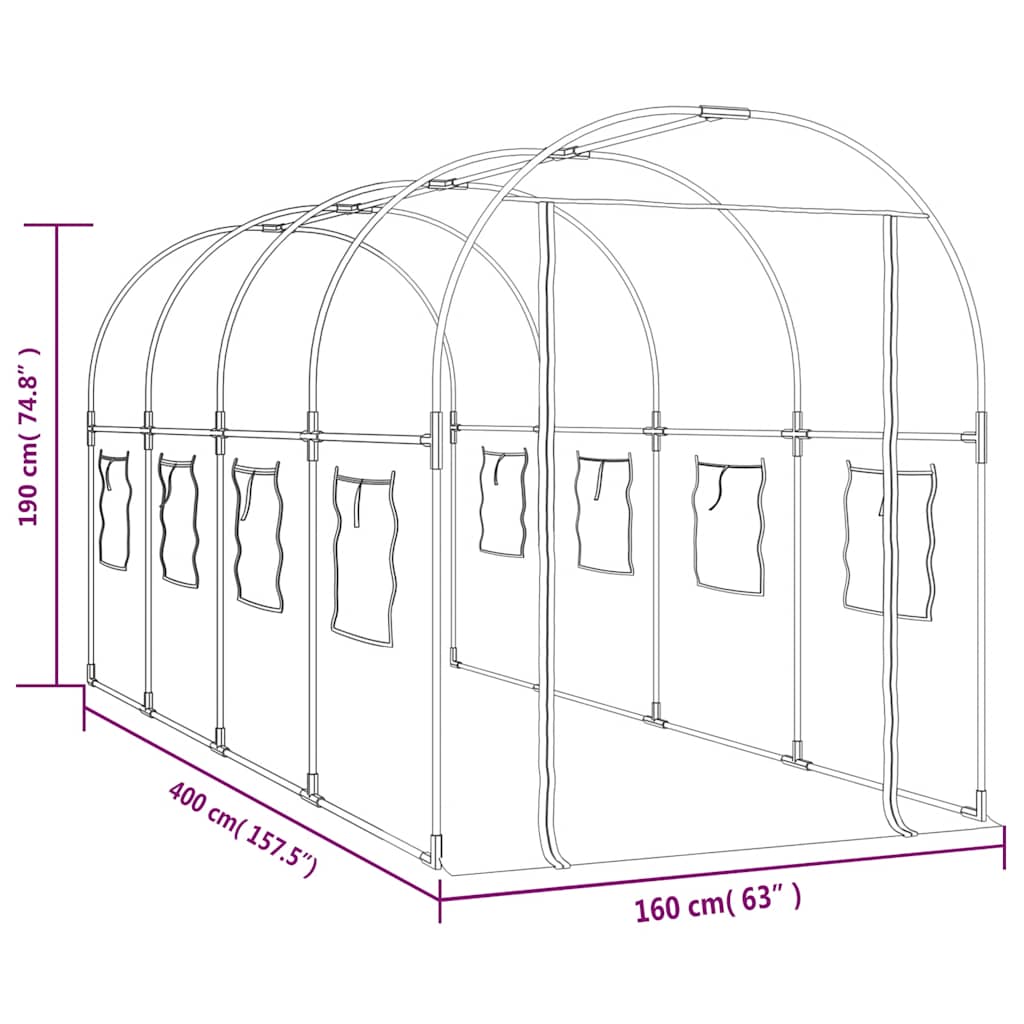 drivhus 160x400x190 cm PVC og pulverlakeret stål transparent