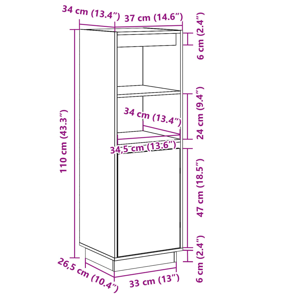 skænk 37x34x110 cm massivt fyrretræ gyldenbrun
