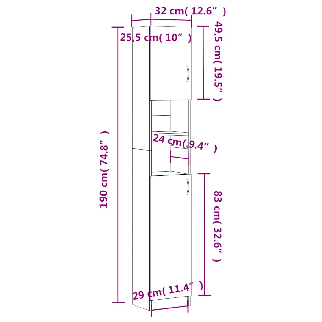 badeværelsesskab 32x25,5x190 cm konstrueret træ grå sonoma-eg