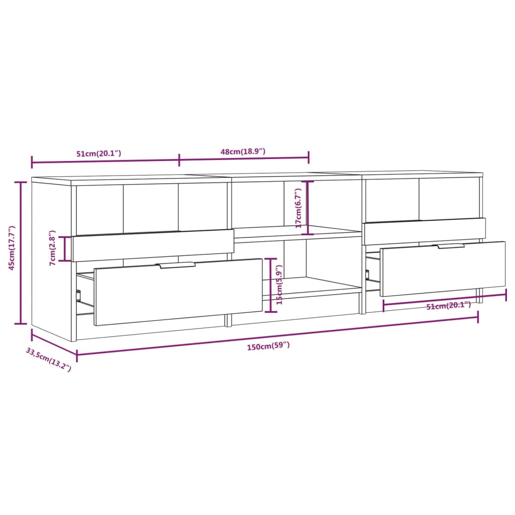 tv-bord 150x33,5x45 cm konstrueret træ røget egetræsfarve