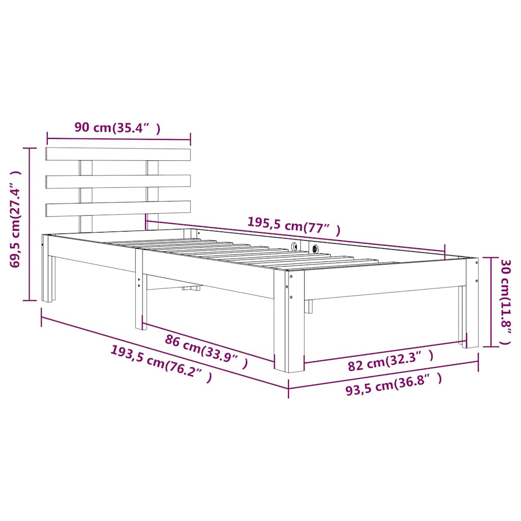 sengeramme 90x190 cm Single massivt træ hvid