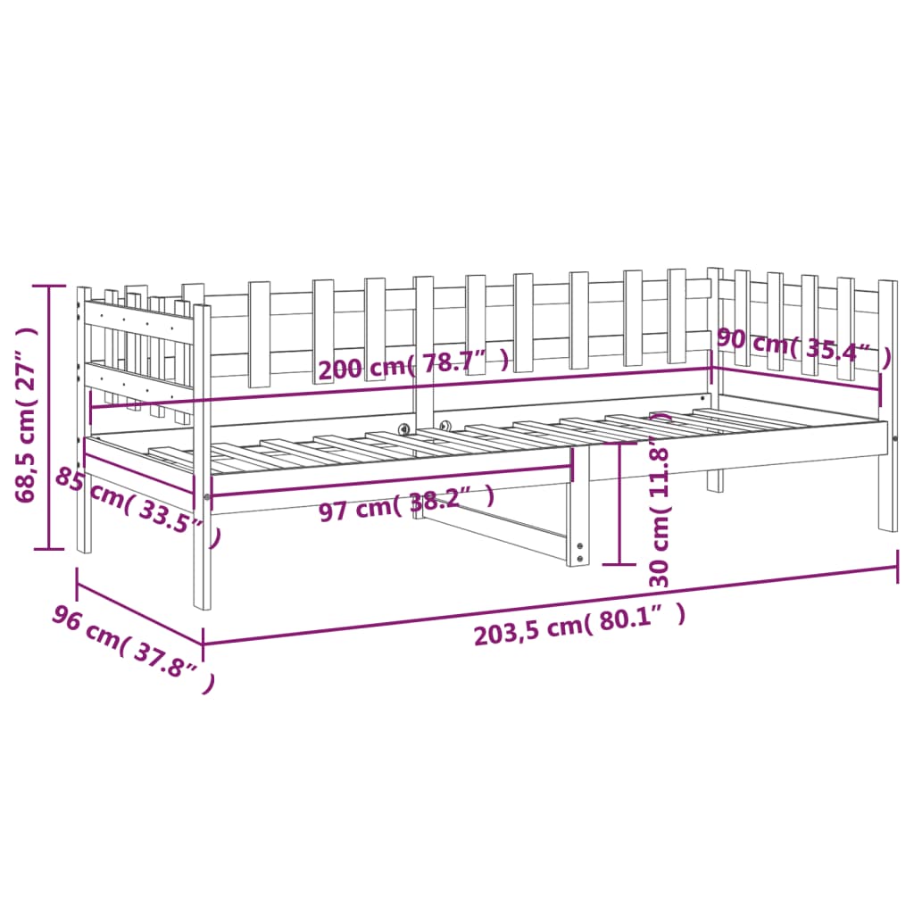 daybed uden madras 90x200 cm massivt fyrretræ hvid