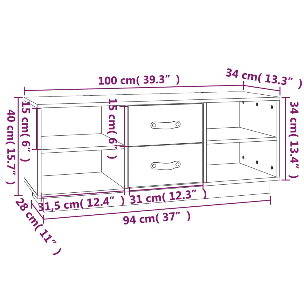 tv-bord 100x34x40 cm massivt fyrretræ hvid
