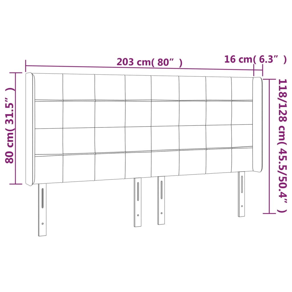 sengegavl med LED-lys 203x16x118/128 cm stof sort