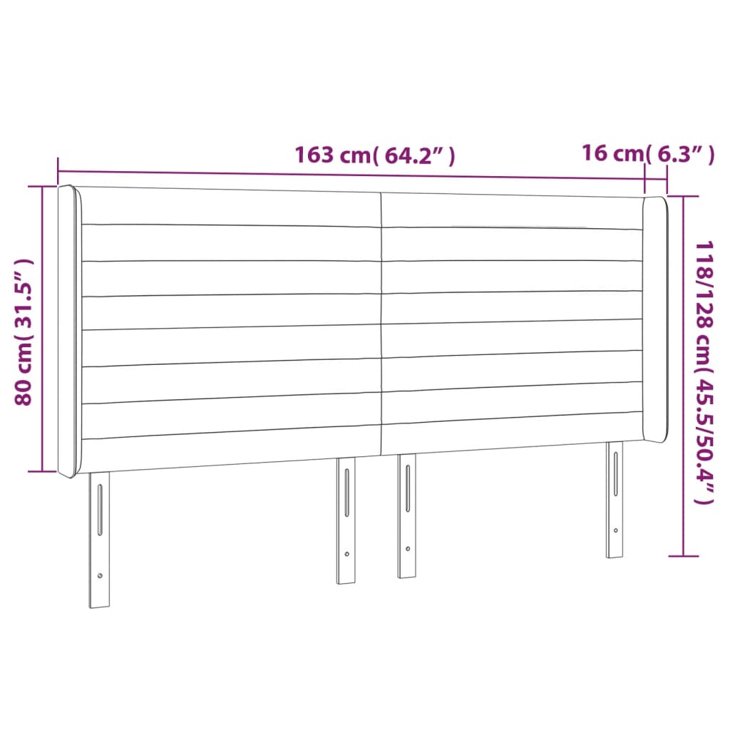 sengegavl med LED-lys 163x16x118/128 cm fløjl mørkegrå