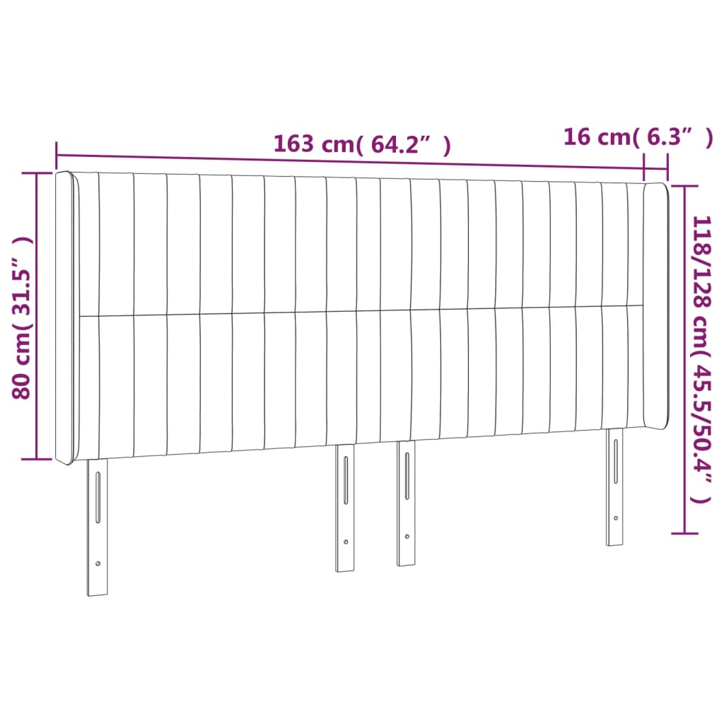 sengegavl med LED-lys 163x16x118/128 cm fløjl mørkegrå