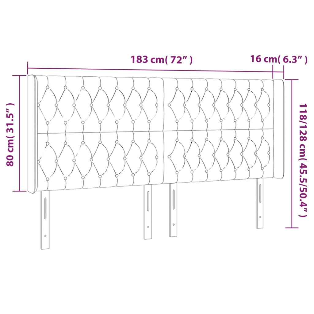 sengegavl med LED-lys 183x16x118/128 cm fløjl lysegrå