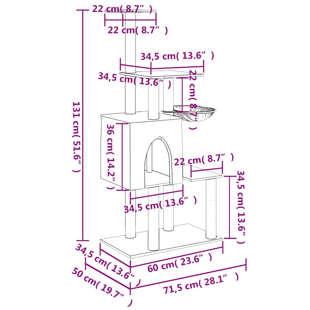 kradsetræ med sisalstolper 131 cm lysegrå