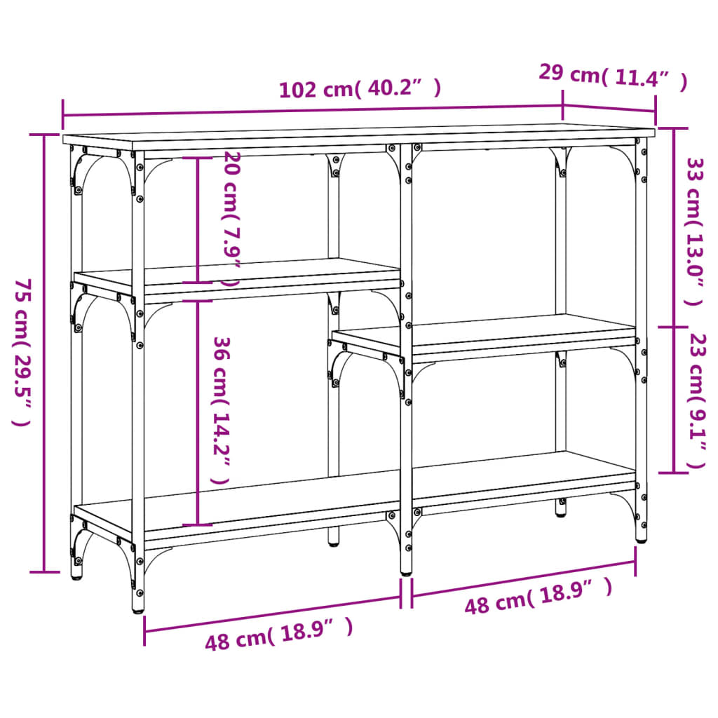 konsolbord 102x29x75 cm konstrueret træ brun egetræ