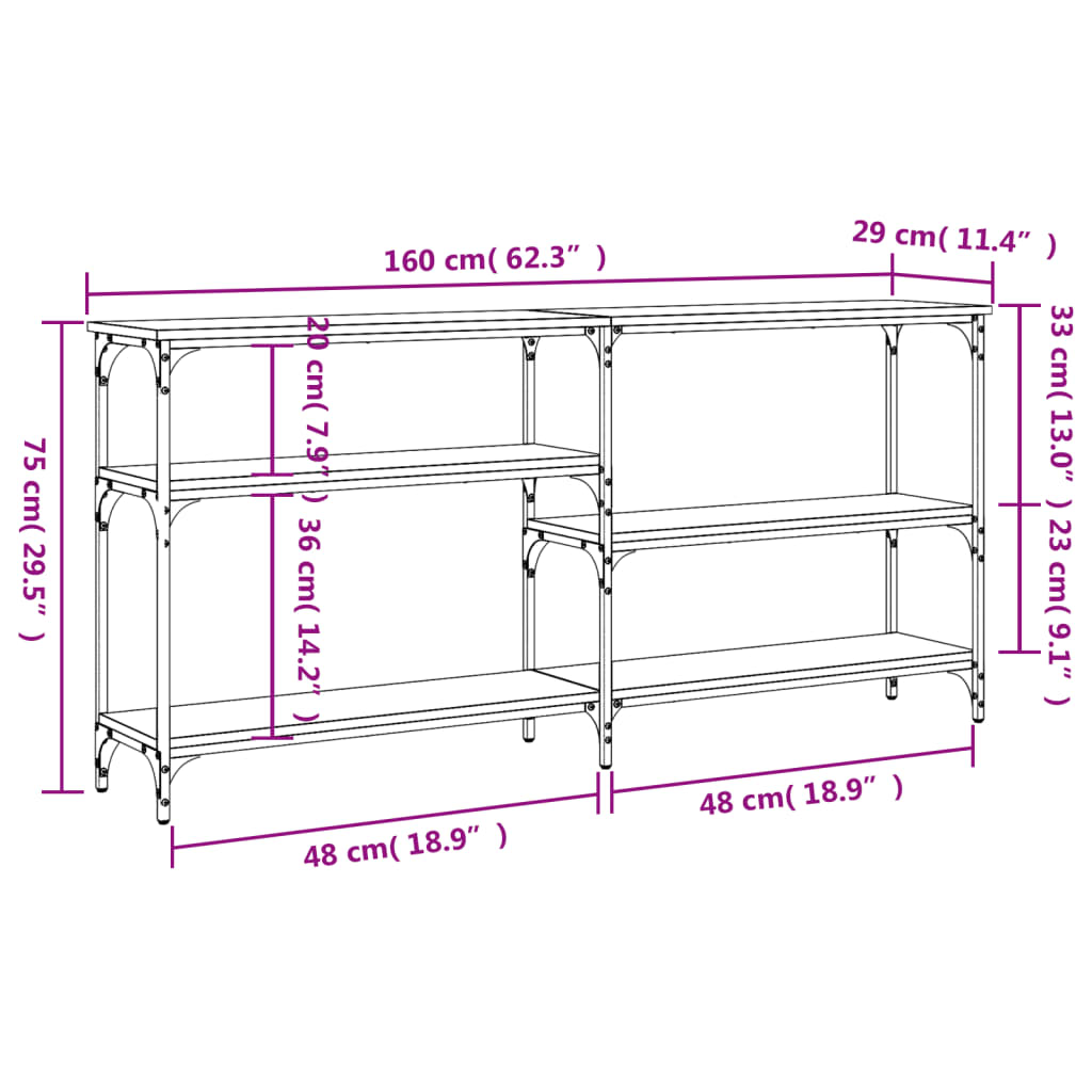 konsolbord 160x29x75 cm konstrueret træ røget egetræsfarve