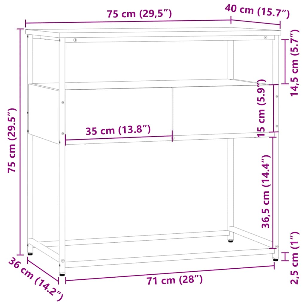 konsolbord 75x40x75 cm konstrueret træ brun egetræsfarve