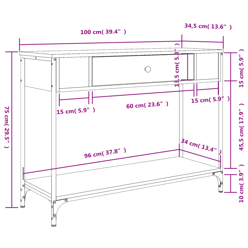 konsolbord 100x34,5x75 cm konstrueret træ røget egetræsfarve