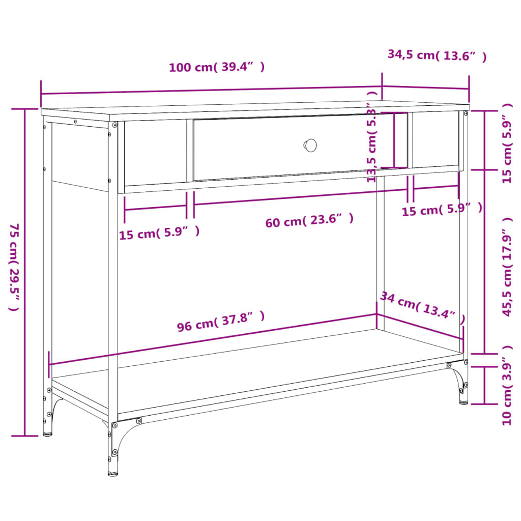 konsolbord 100x34,5x75 cm konstrueret træ brunt egetræ